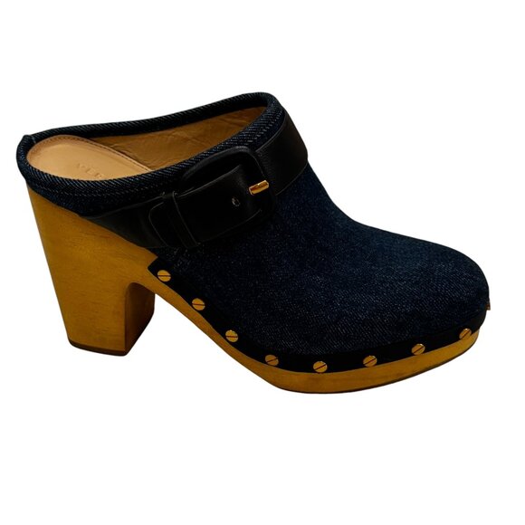 Like new Veronica Beard Dacey Denim & Navy Blue Leather Buckle Clogs Siz… - Picture 2 of 8